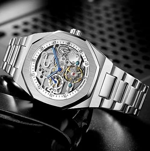 FANMIS Skeleton Automatic Watch for Men, 45mm Stainless Steel Case, Silver Gold | Luxury Sport Timepiece thumbnail 5