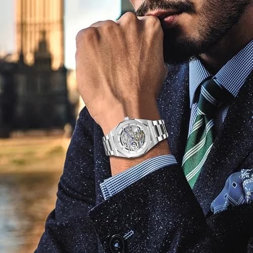 FANMIS Men's Skeleton Automatic Watch - Silver Gold Stainless Steel Case - view 3