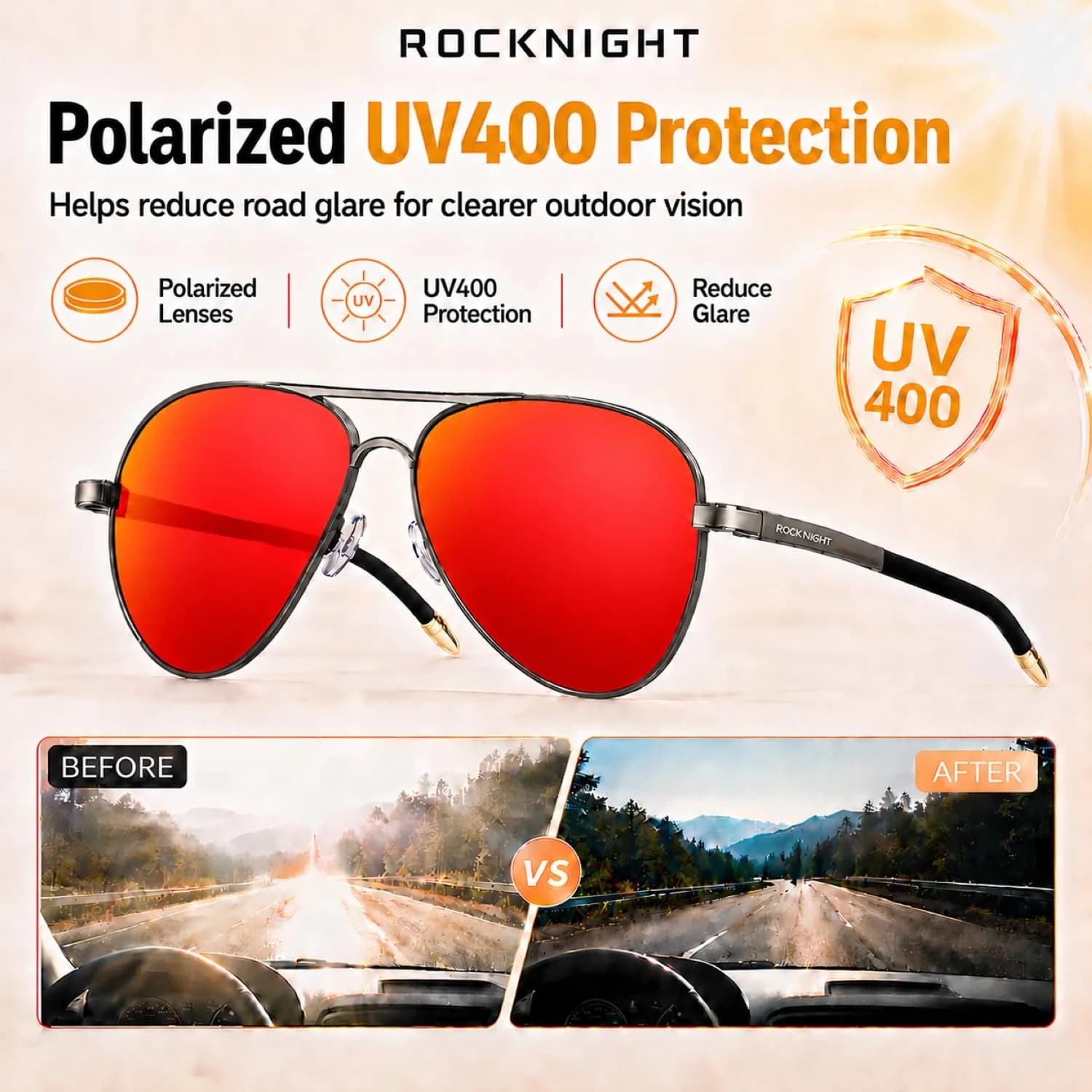 ROCKNIGHT Ruthenium-Red Polarized Aviator Sunglasses - UV400 Metal Frame for Men & Women - view 3