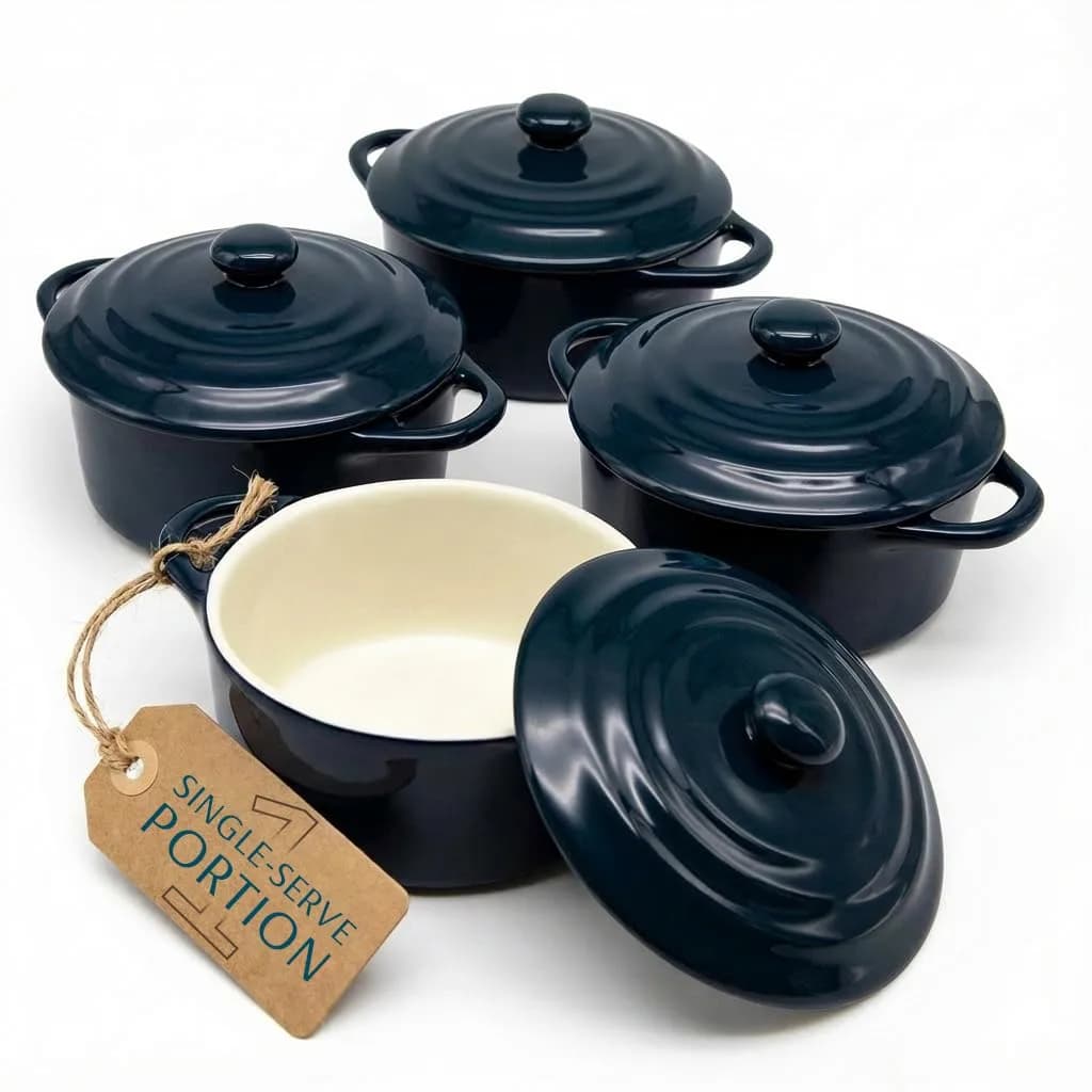 KooK Mini Cocotte Dutch Oven Set of 4 with Lids & Handles, 355ml (12 oz) Navy | Oven to Table Stoneware — Navy