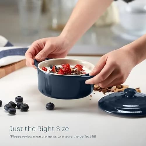 KooK Mini Cocotte Dutch Oven Set of 4 with Lids & Handles, 355ml (12 oz) Navy | Oven to Table Stoneware thumbnail 5