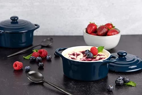 KooK Mini Cocotte Dutch Oven Set of 4 with Lids & Handles, 355ml (12 oz) Navy | Oven to Table Stoneware thumbnail 6