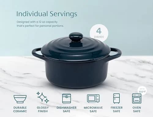 KooK Mini Cocotte Dutch Oven Set of 4 with Lids & Handles, 355ml (12 oz) Navy | Oven to Table Stoneware thumbnail 7