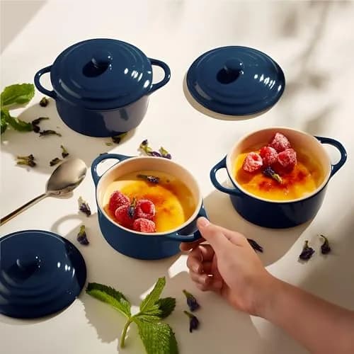 KooK Mini Cocotte Dutch Oven Set of 4 with Lids & Handles, 355ml (12 oz) Navy | Oven to Table Stoneware thumbnail 2