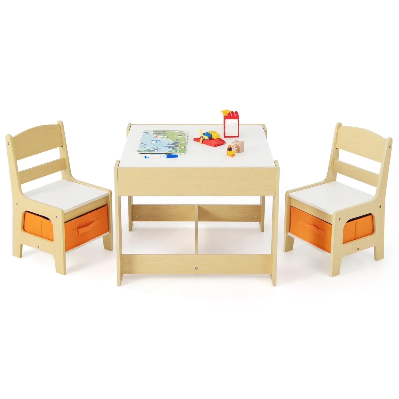HONEY JOY Kids Table and Chairs 3-in-1 Wooden Activity Set for Toddlers 3-7 Years | Storage & Reversible Top — Yellow