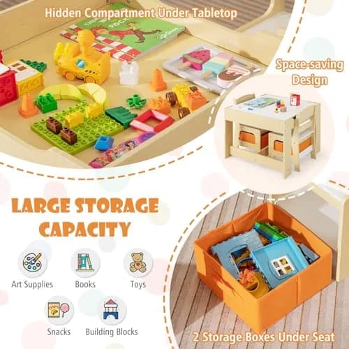 HONEY JOY Kids Table and Chairs 3-in-1 Wooden Activity Set for Toddlers 3-7 Years | Storage & Reversible Top thumbnail 6