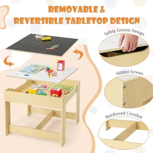 HONEY JOY Kids Table and Chairs 3-in-1 Wooden Activity Set for Toddlers 3-7 Years | Storage & Reversible Top thumbnail 7