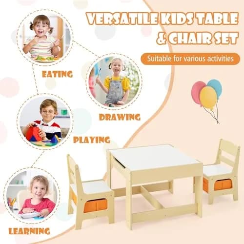 HONEY JOY Kids Table and Chairs 3-in-1 Wooden Activity Set for Toddlers 3-7 Years | Storage & Reversible Top thumbnail 8