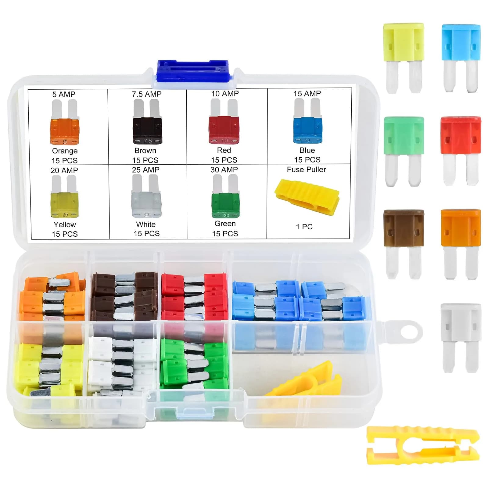 MuHize Micro2 Blade Fuses 105 Pieces (5A-30A) | Automotive Fuse Assortment with Puller Tool