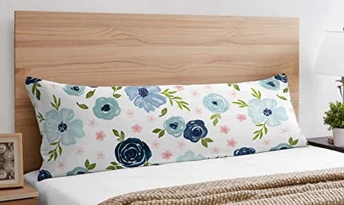 Sweet Jojo Designs Navy Blue and Pink Watercolor Floral Body Pillow Case Cover (Pillow Not Included) - Blush, Green and White Shabby Chic Rose Flower Polka Dot thumbnail 1