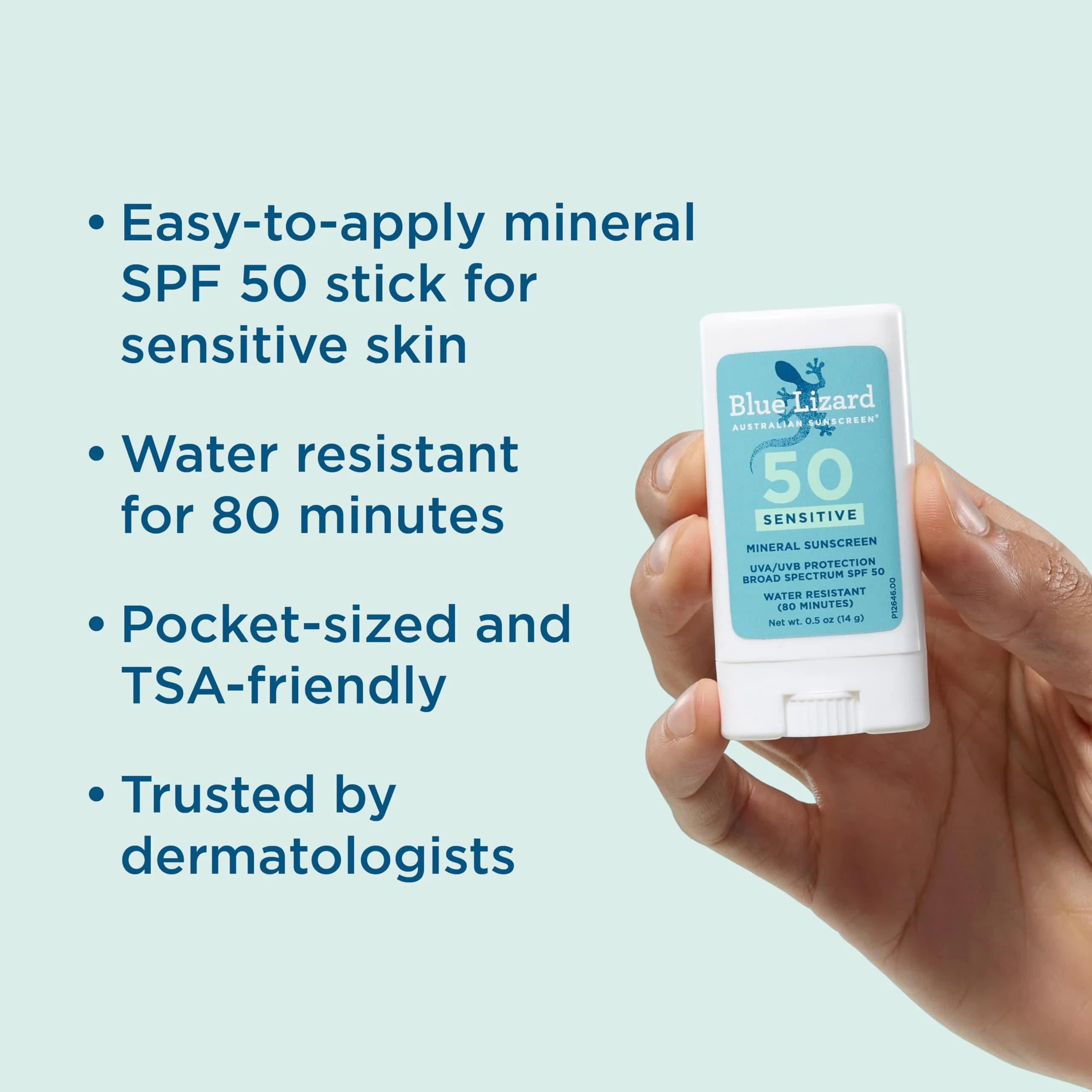 BLUE LIZARD Sensitive Mineral Sunscreen Stick SPF 50, Zinc Oxide, 14g (0.5 Oz) | Water Resistant Sunscreen for Sensitive Skin - view 2