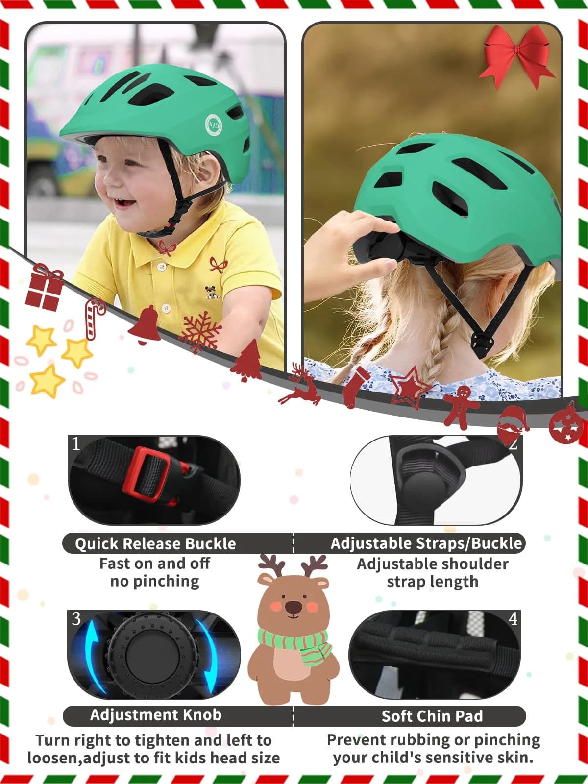 XJD Toddler Bike Helmet - Adjustable Multi-Sport Skateboard Helmet for Kids, Green, Small (52-56 cm) - view 3