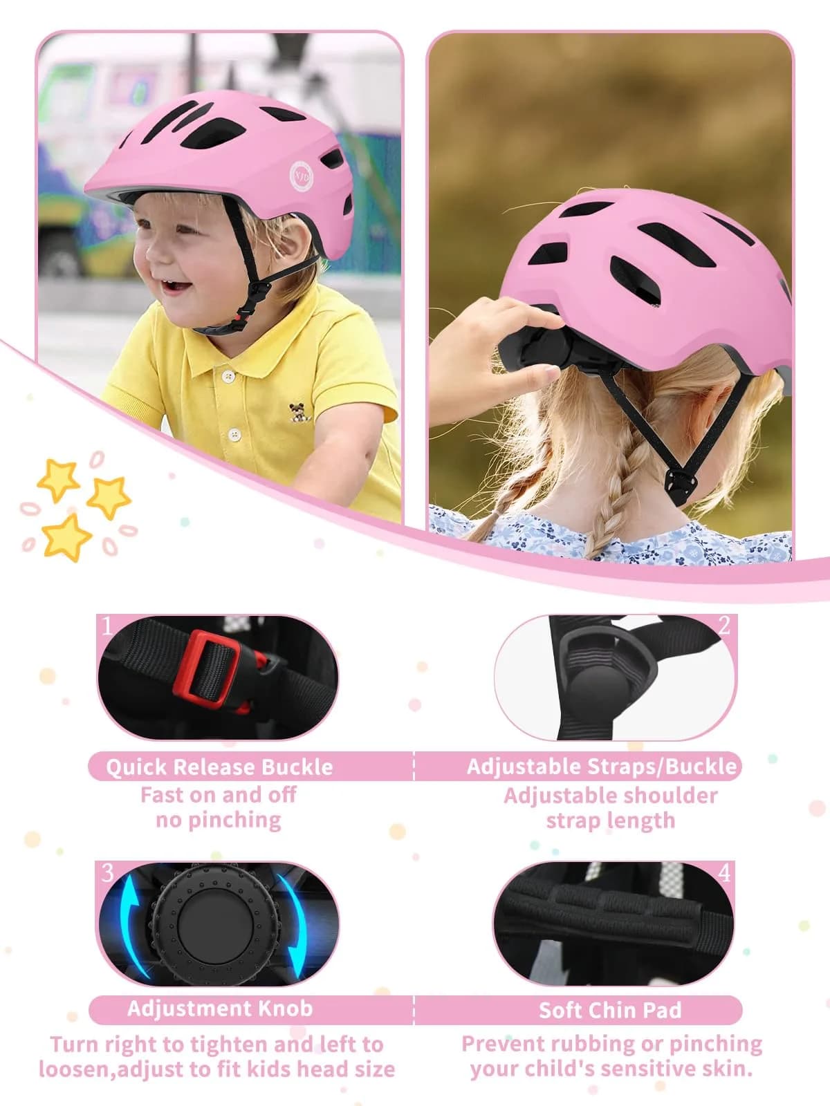 XJD Pink Toddler Helmet for Kids - Adjustable Multi-Sport Bike & Skateboard Helmet (Small: 52-56 cm) - view 3