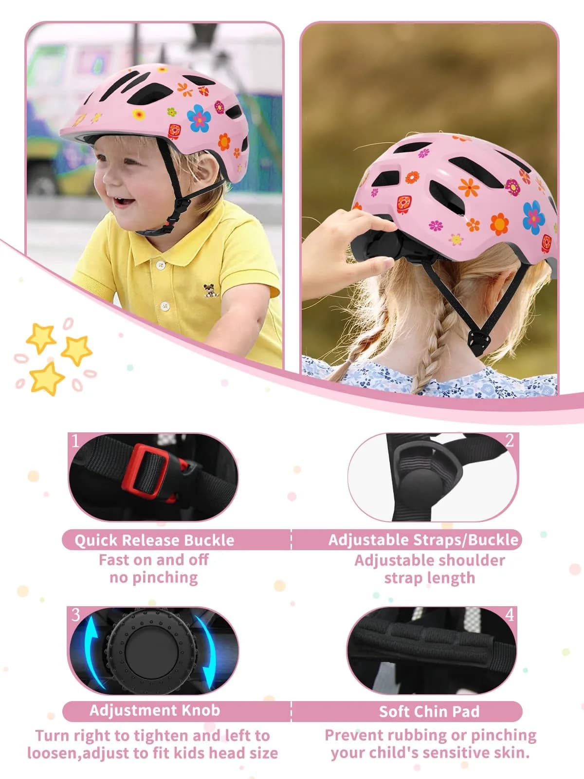 XJD Pink Flowers Toddler Helmet - Small (52-56 cm) Multi-Sport Bike Skateboard Helmet for Babies & Infants - view 3