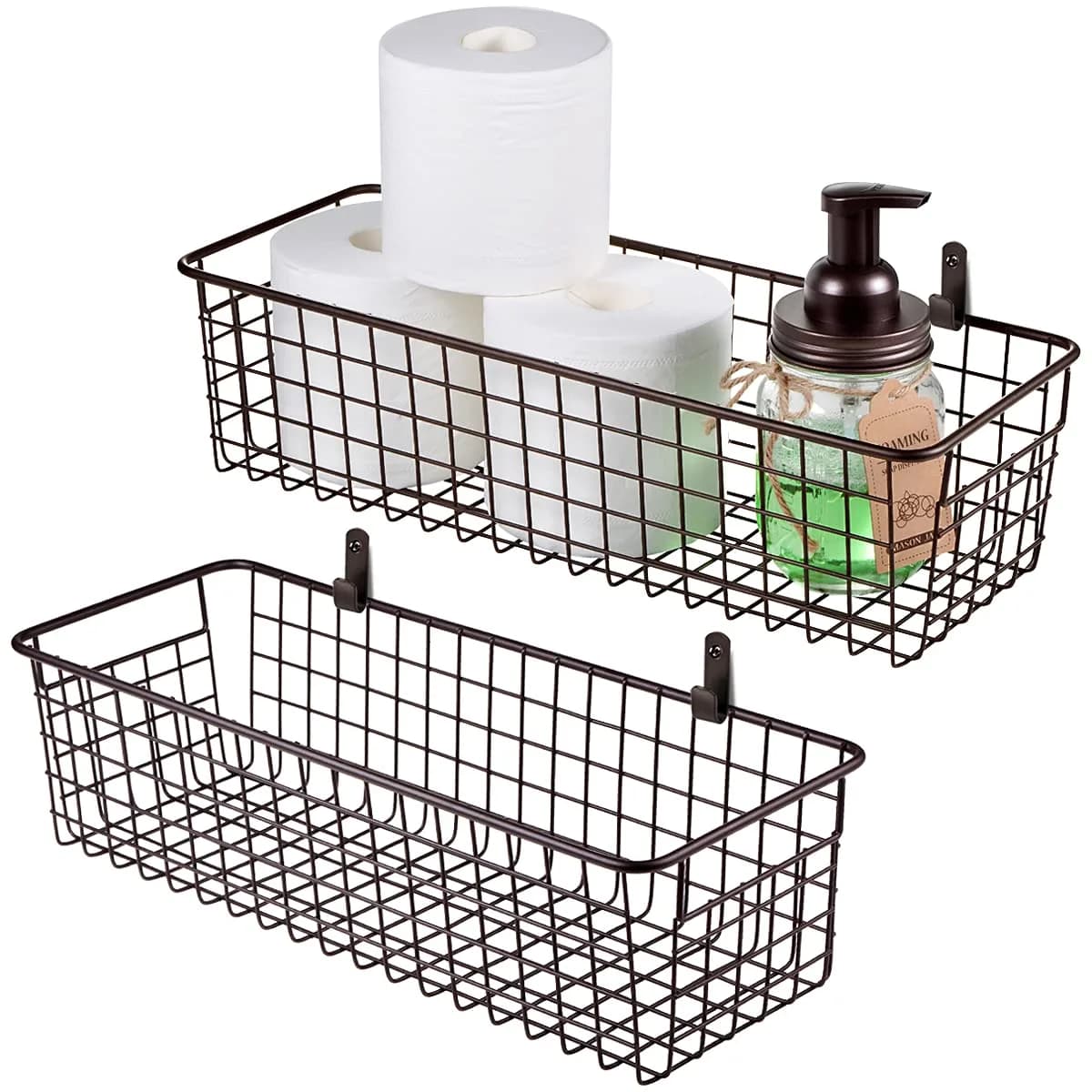 SheeChung Metal Storage Baskets 2 Pack | Modern Farmhouse Bathroom & Kitchen Organizer (Bronze, Large)