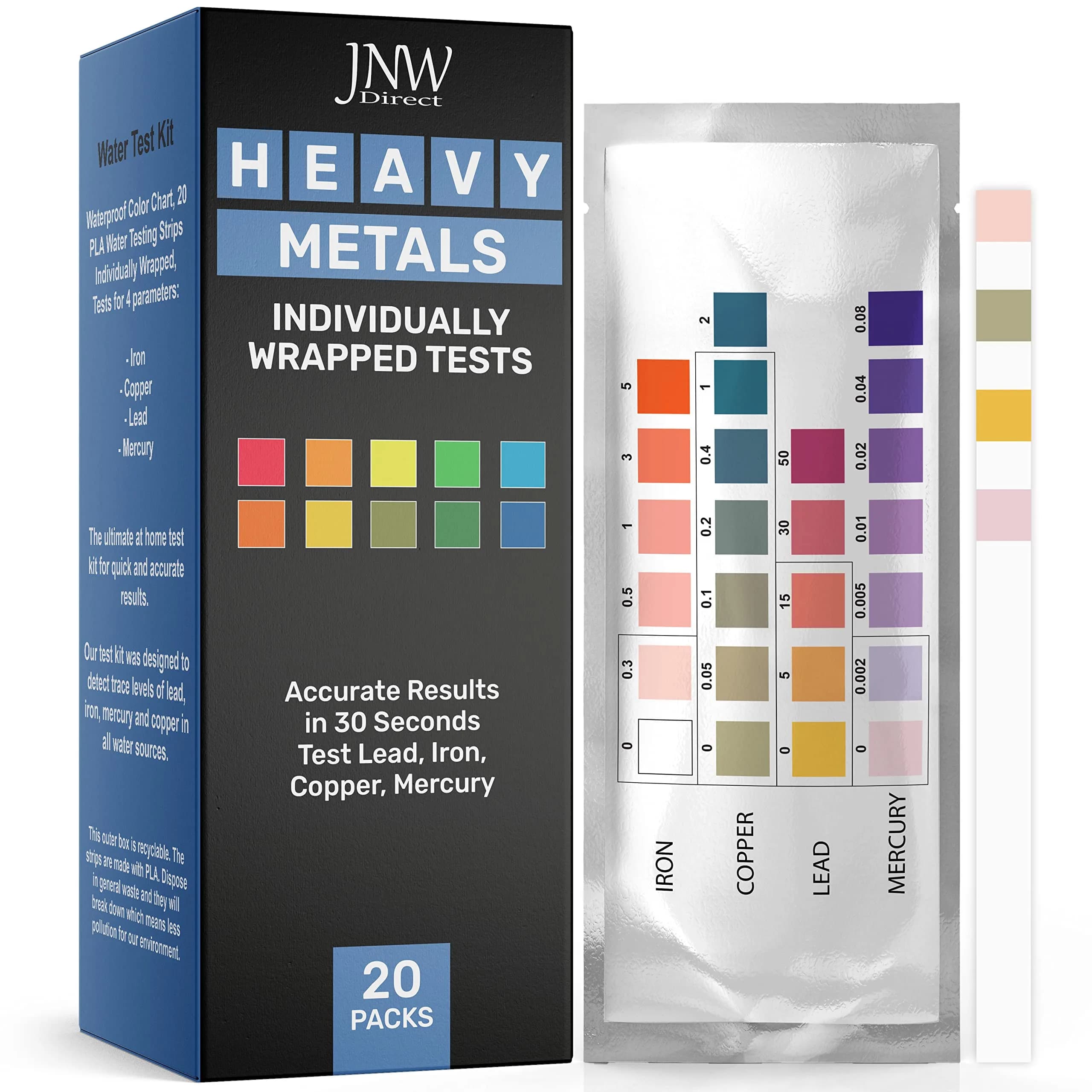 JNW Direct Heavy Metals Water Test Kit 20 Strips | Test Iron, Copper, Lead, Mercury - main product image
