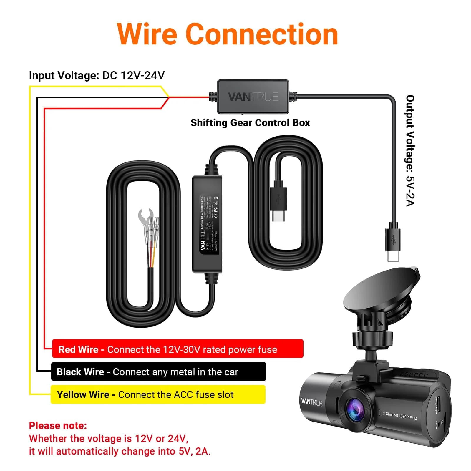 VANTRUE USB-C Hardwire Kit 11.5ft | 12V-24V to 5V ACC Parking Mode - view 2