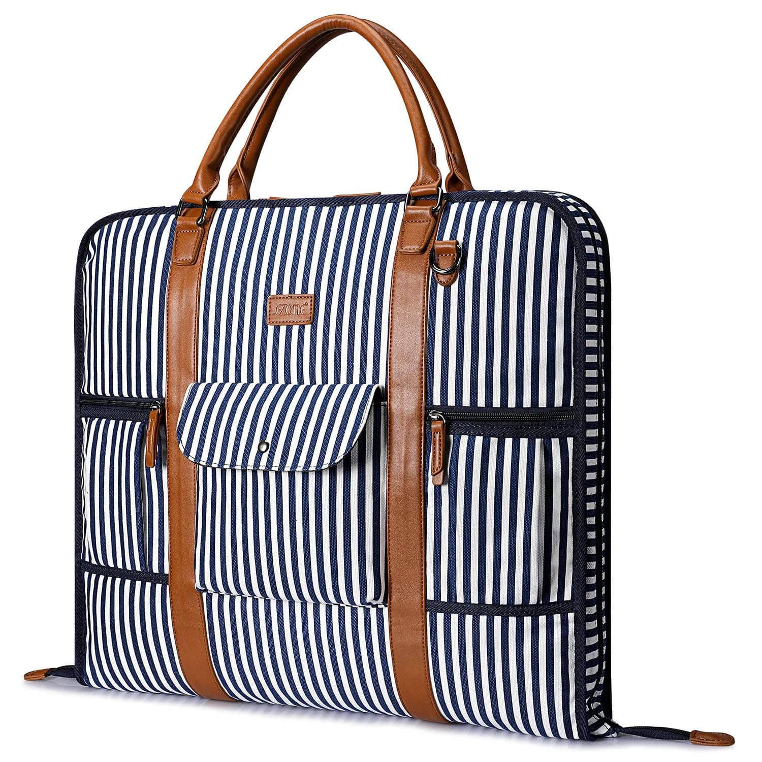 S-ZONE Carry On Garment Bag for Business Travel, Men's Suit Cover with Leather & Canvas, 1.33 KG | Wrinkle-Free Suit Protection — Blue Stripe