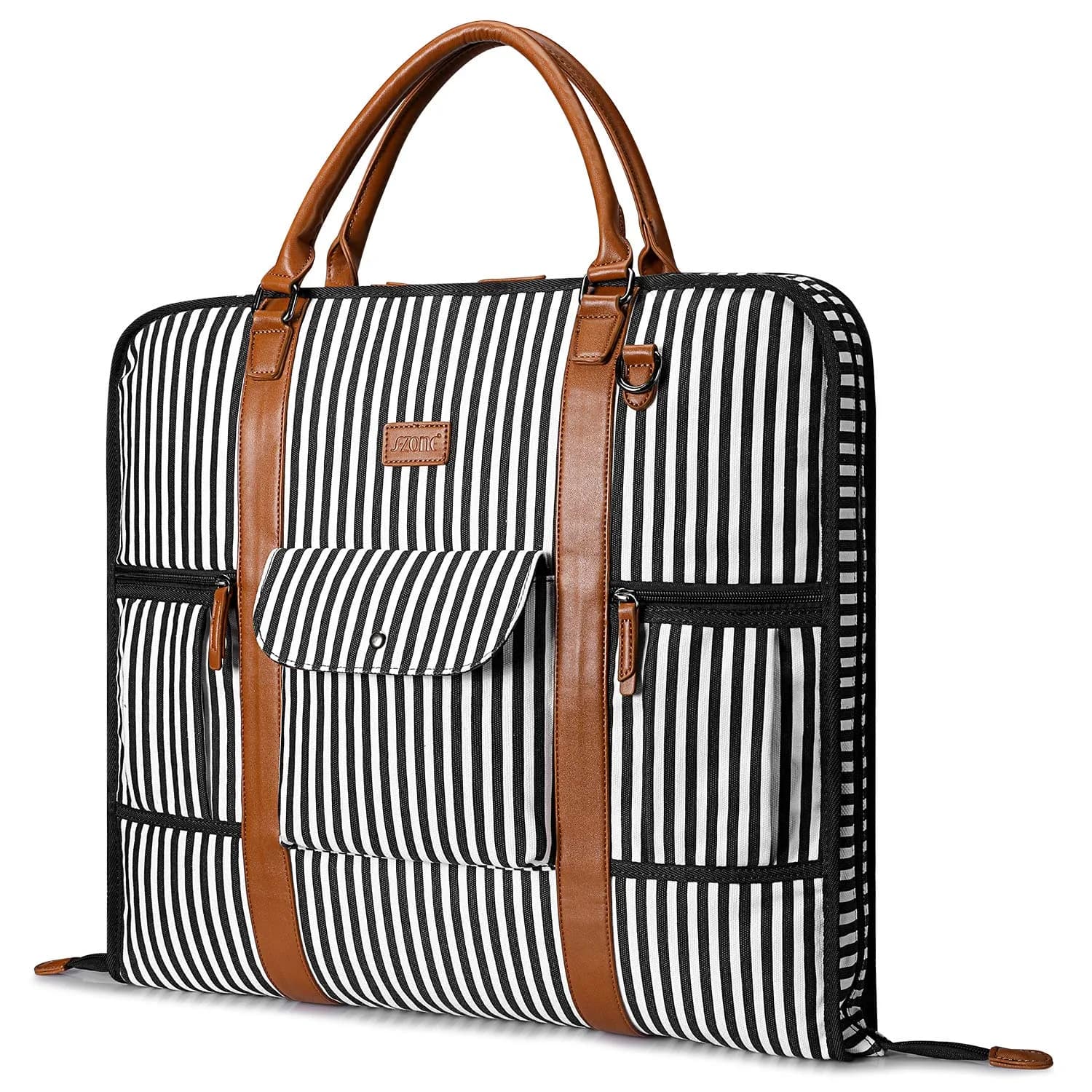 S-ZONE Carry On Garment Bag for Business Travel, Men's Suit Cover with Leather & Canvas, 1.33 KG | Wrinkle-Free Suit Protection — Black Stripe