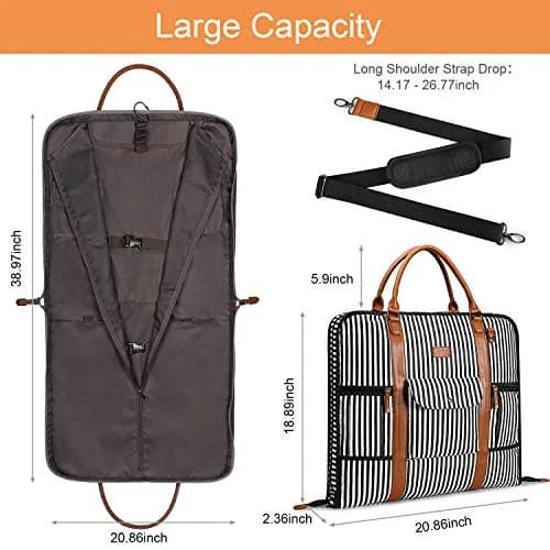 S-ZONE Garment Bag for Travel - Large Canvas Leather Suit Cover with Shoulder Strap | Modern Black Stripe thumbnail 5