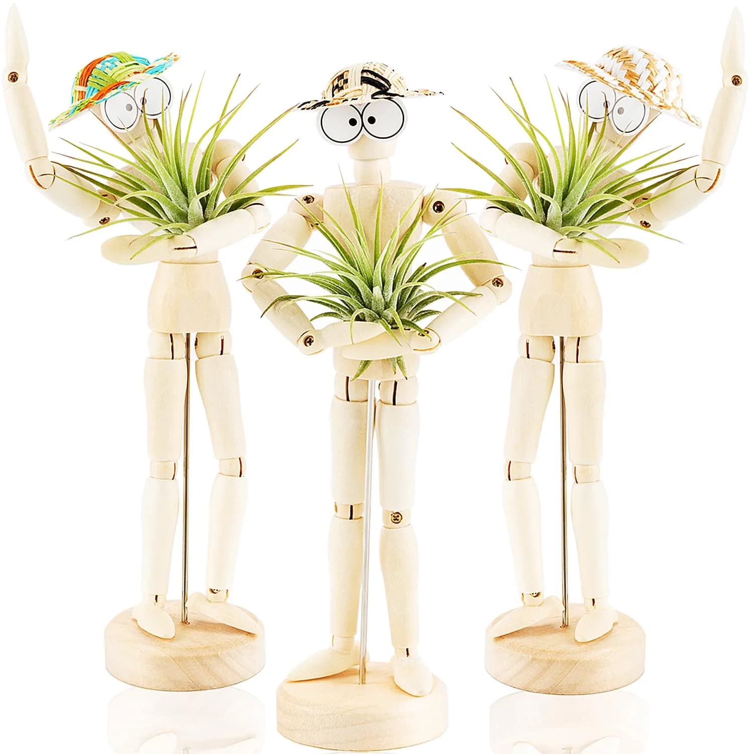 Melphoe 3 Pack Air Plant Holder Wooden Jointed Mannequin Adjustable Pose & DIY Decor (8.5 inch tall, 3 pcs)