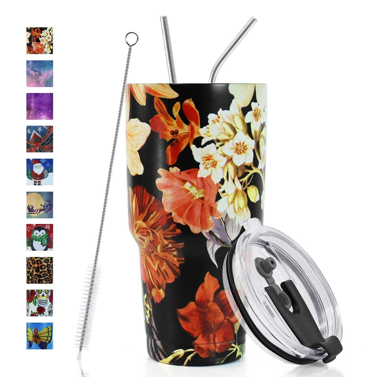 SYACOT 30oz Tumbler Double Wall Stainless Steel Vacuum Insulated Travel Mug with Splash-Proof Lid Metal Straw and Brush | Hot & Cold 30oz — Jasmine black-30oz