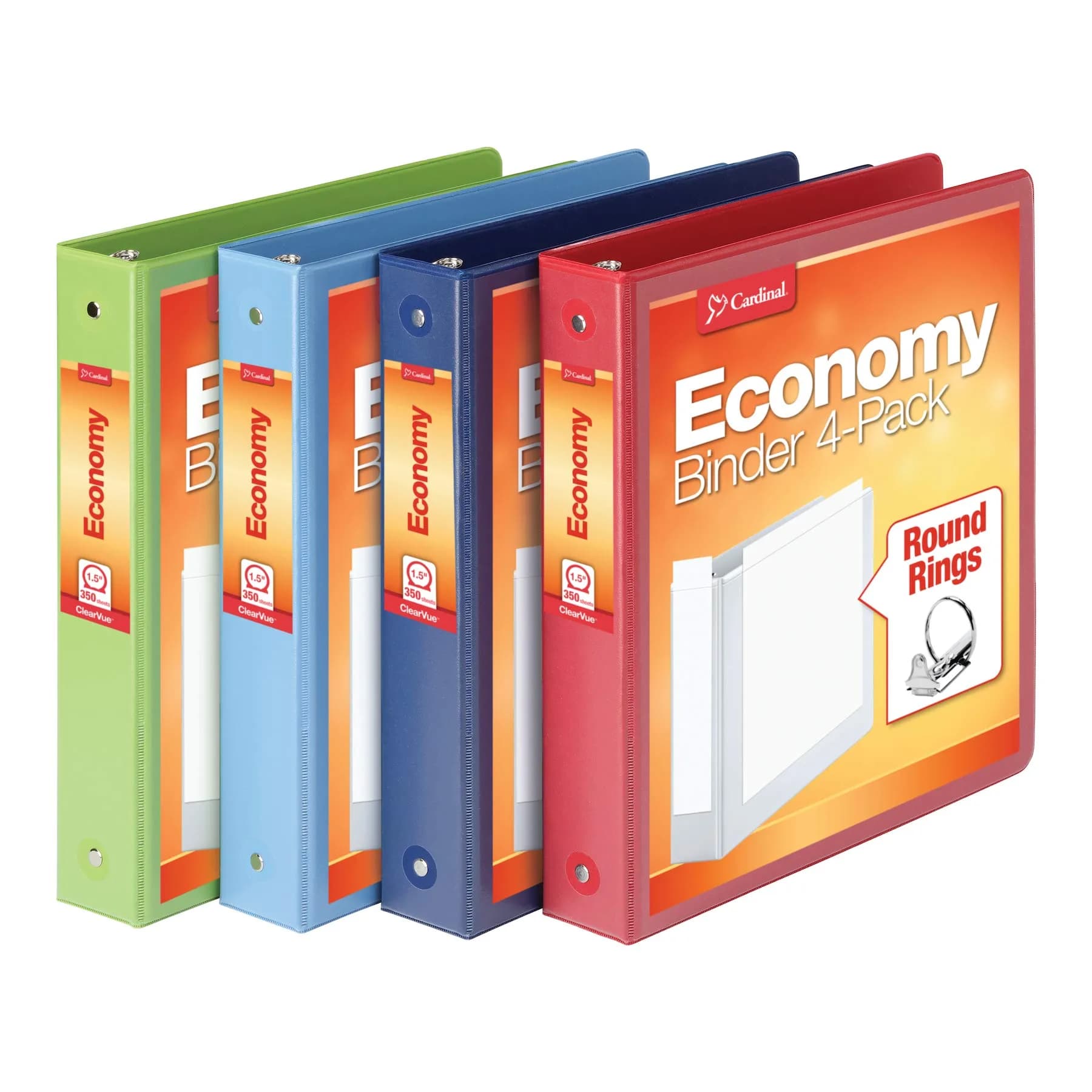 Cardinal 1.5 Inch 3 Ring Binder 4-Pack | Holds 350 Sheets, ClearVue Presentation View, Non-Stick, Assorted Colors
