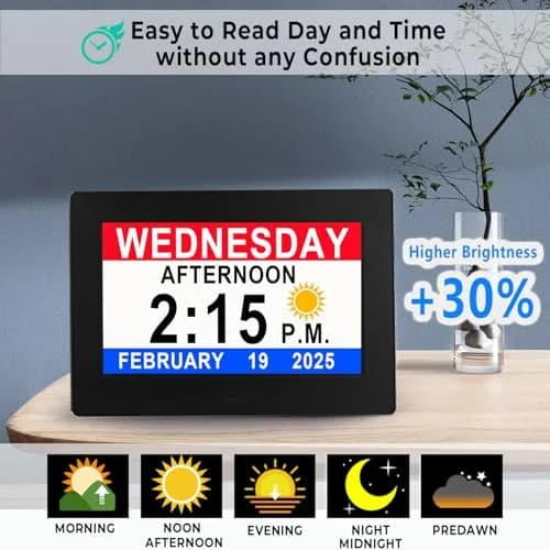 Véfaîî Digital Dementia Clock 7" Large Display Auto Dimmer 19 Alarms for Seniors thumbnail 2