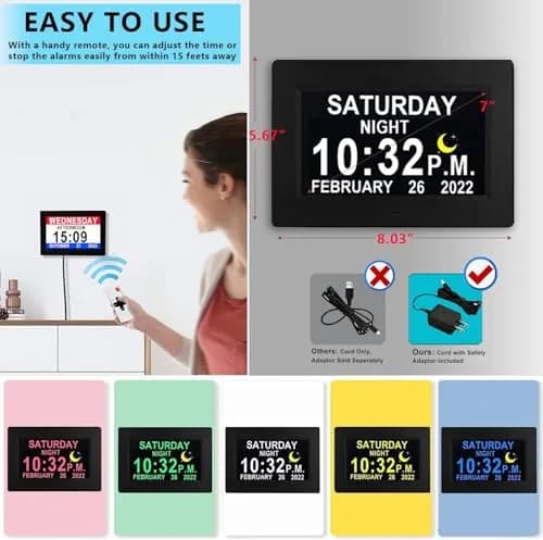 Véfaîî Digital Dementia Clock 7" Large Display Auto Dimmer 19 Alarms for Seniors thumbnail 3