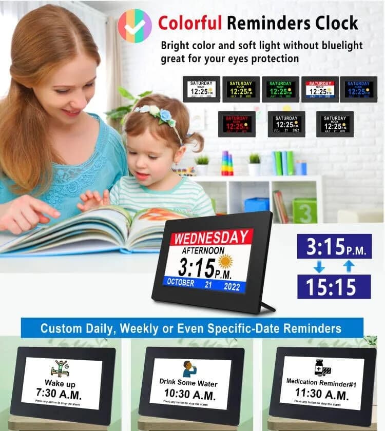 Véfaîî Digital Dementia Clock 7" Large Display Auto Dimmer 19 Alarms for Seniors thumbnail 4