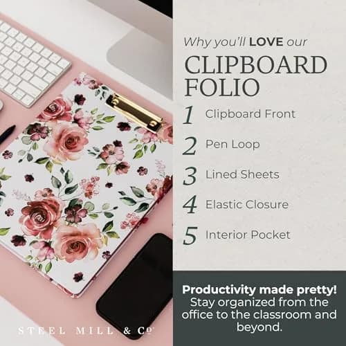 Steel Mill & Co. Clipboard Folio with Notepad, Rose Floral | Refillable, Trendy & Compact Organizer thumbnail 9