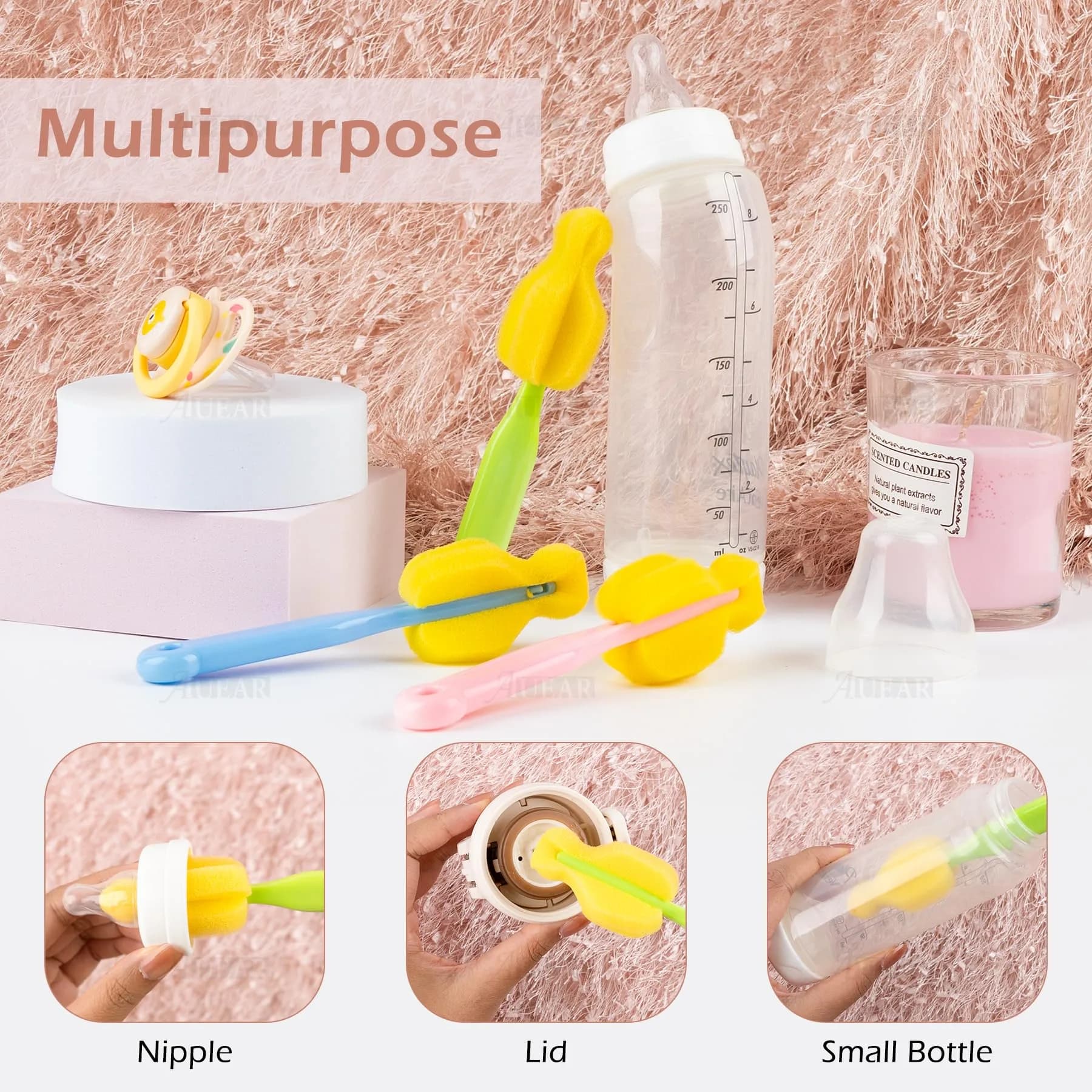 AUEAR Milk Bottle Nipple Brushes Pacifier Sponge Cleaning Set (8 Pcs, Blue/Pink/Yellow/Green) | Fits Standard Nipples - view 3