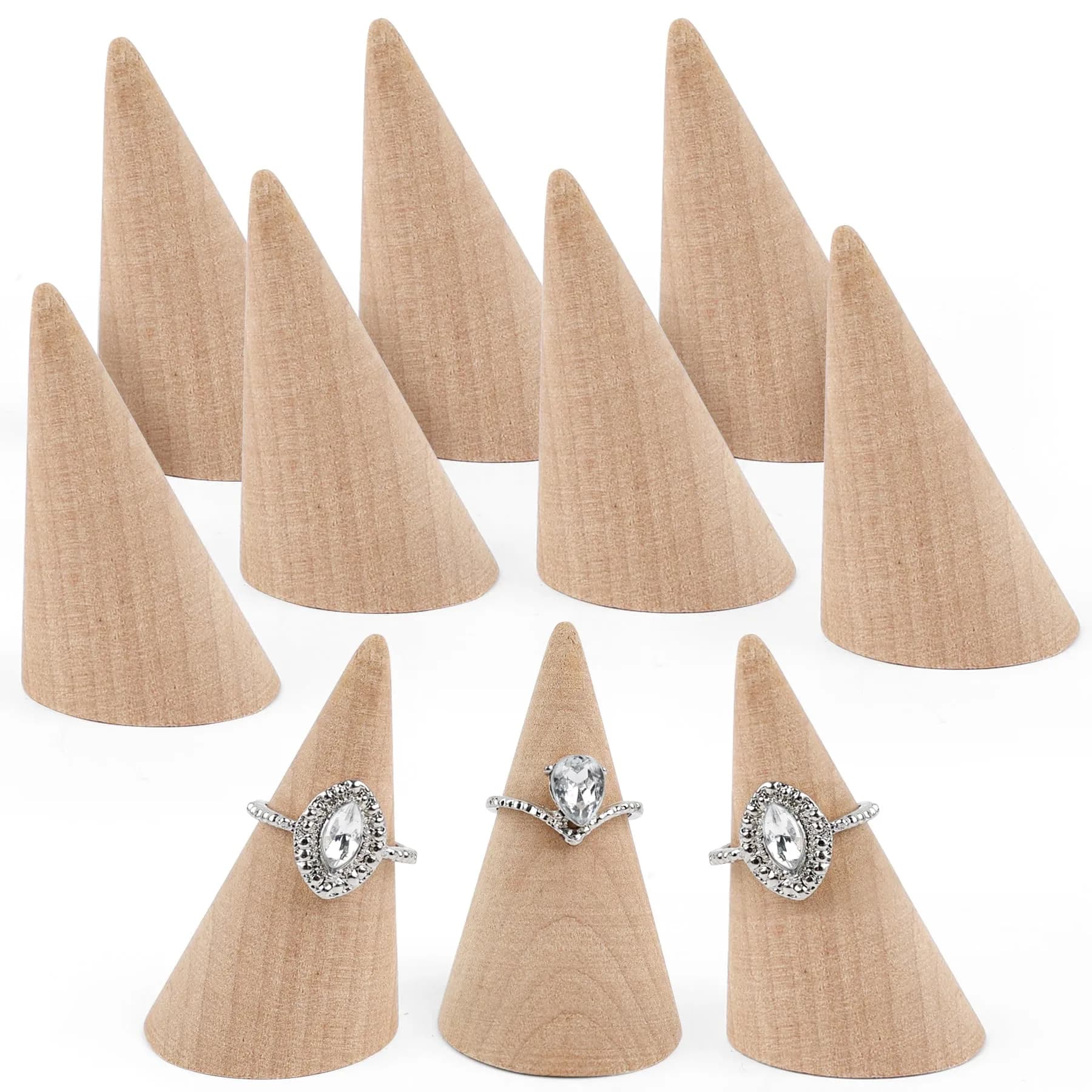 AUEAR Natural Wood Cone Ring Display Stand, 2.8cm (1.1") x 5.1cm (2") | 10-Pack Organizer for Jewelry Counters