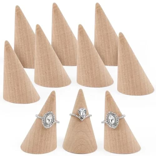 AUEAR Natural Wood Cone Ring Display Stand, 2.8cm (1.1") x 5.1cm (2") | 10-Pack Organizer for Jewelry Counters thumbnail 1