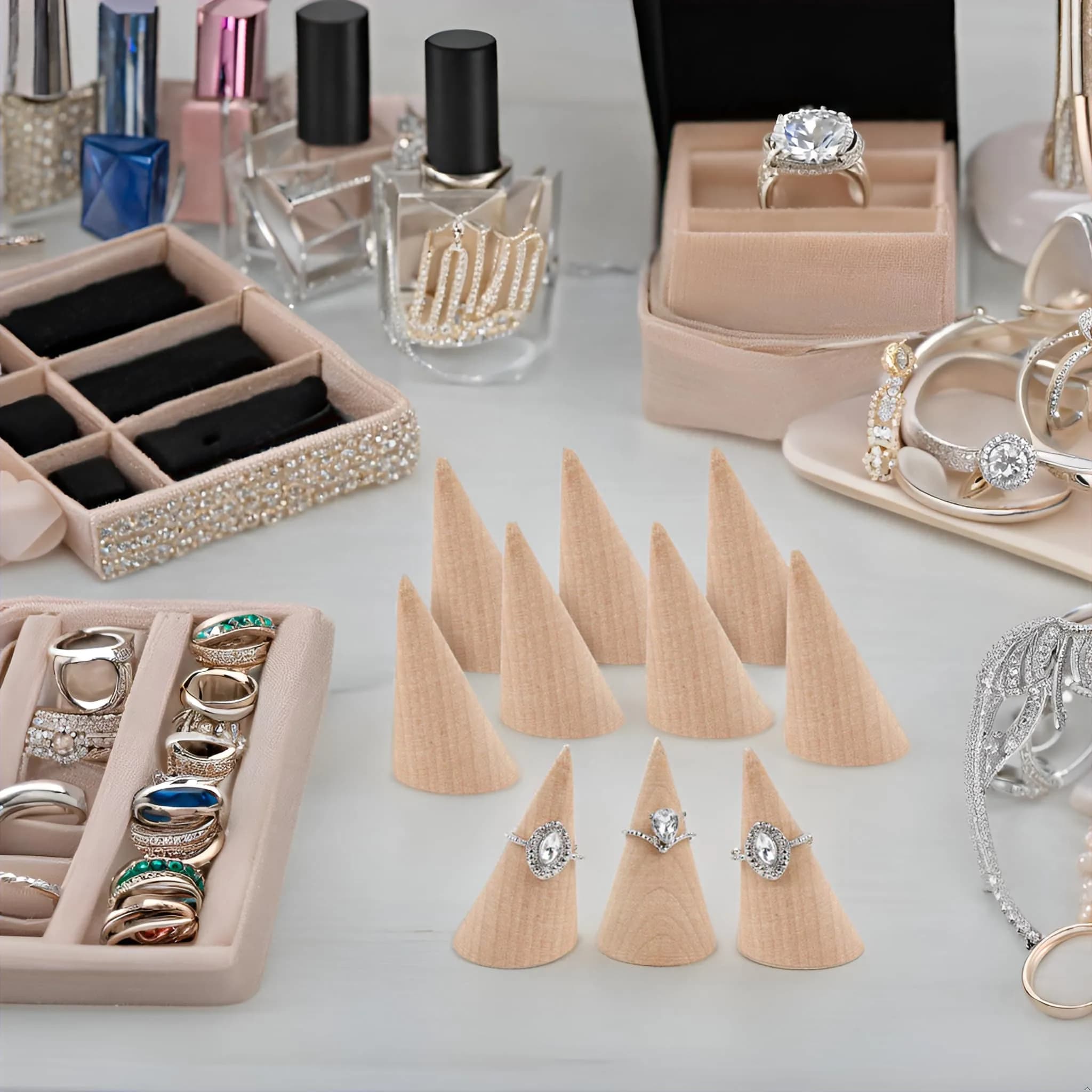 AUEAR Natural Wood Cone Ring Display Stand, 2.8cm (1.1") x 5.1cm (2") | 10-Pack Organizer for Jewelry Counters - view 2