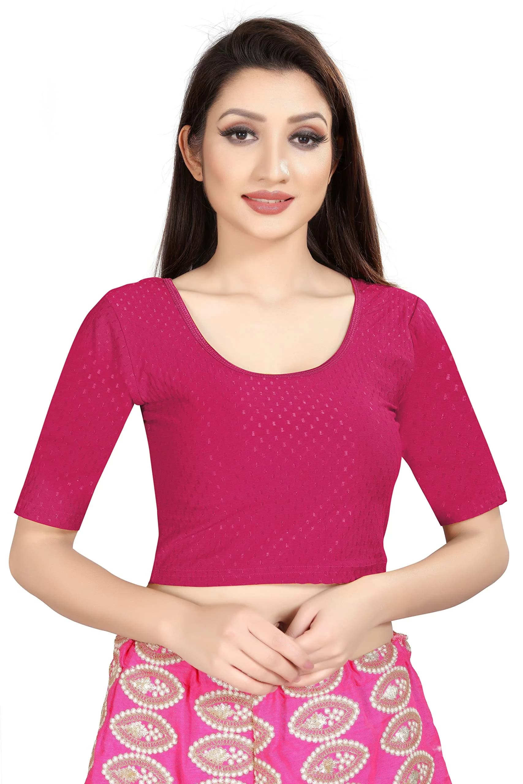 Fressia Fabrics Round Neck Pure Dobby Cotton Stretchable Elbow Sleeve Readymade Saree Blouse for Women Stylish (Ranipink, 38 inches)