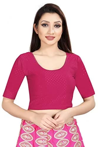 Fressia Fabrics Round Neck Pure Dobby Cotton Stretchable Elbow Sleeve Readymade Saree Blouse for Women Stylish (Ranipink, 38 inches) thumbnail 1
