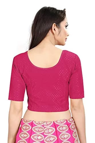 Fressia Fabrics Round Neck Pure Dobby Cotton Stretchable Elbow Sleeve Readymade Saree Blouse for Women Stylish (Ranipink, 38 inches) thumbnail 4