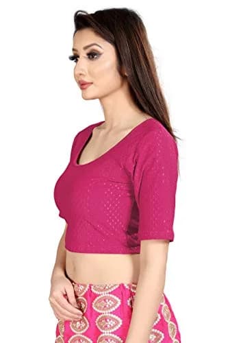 Fressia Fabrics Round Neck Pure Dobby Cotton Stretchable Elbow Sleeve Readymade Saree Blouse for Women Stylish (Ranipink, 38 inches) thumbnail 3