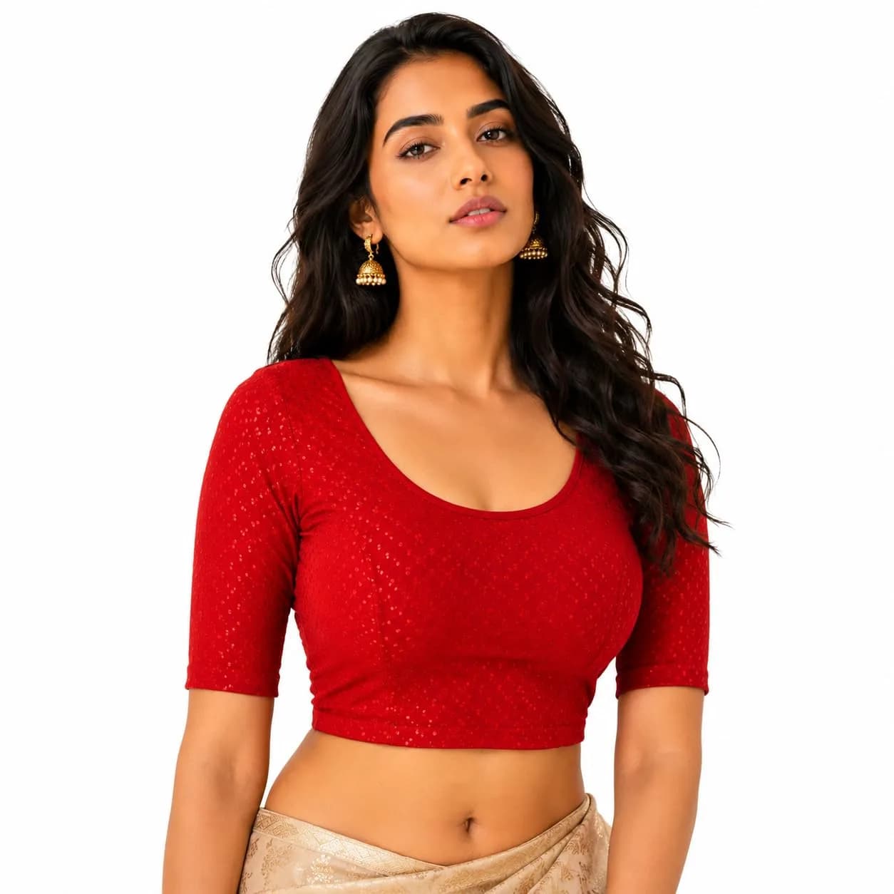 Fressia Fabrics Red Dobby Cotton Stretchable Round Neck Elbow Sleeve Saree Blouse | 38 inches (96.5 cm) — Red