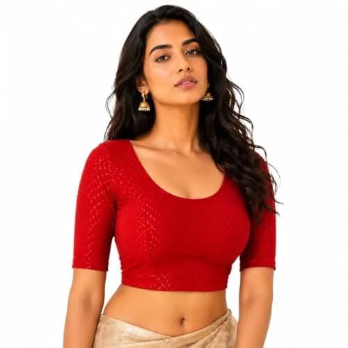Fressia Fabrics Red Dobby Cotton Stretchable Round Neck Elbow Sleeve Saree Blouse | 38 inches (96.5 cm) thumbnail 1