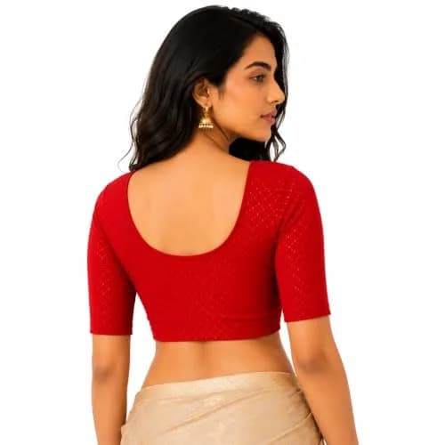 Fressia Fabrics Red Dobby Cotton Stretchable Round Neck Elbow Sleeve Saree Blouse | 38 inches (96.5 cm) thumbnail 4