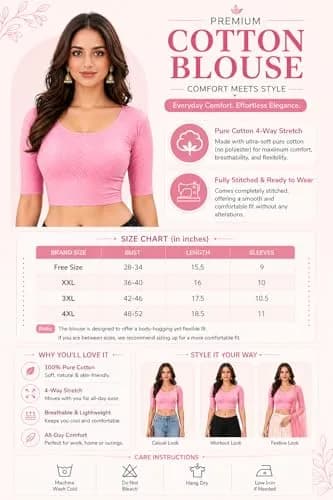 Fressia Fabrics Red Dobby Cotton Stretchable Round Neck Elbow Sleeve Saree Blouse | 38 inches (96.5 cm) thumbnail 5