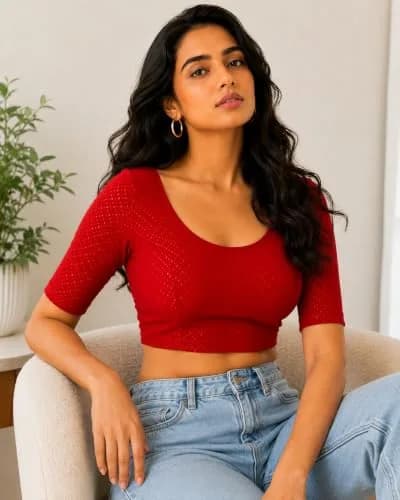 Fressia Fabrics Red Dobby Cotton Stretchable Round Neck Elbow Sleeve Saree Blouse | 38 inches (96.5 cm) thumbnail 6