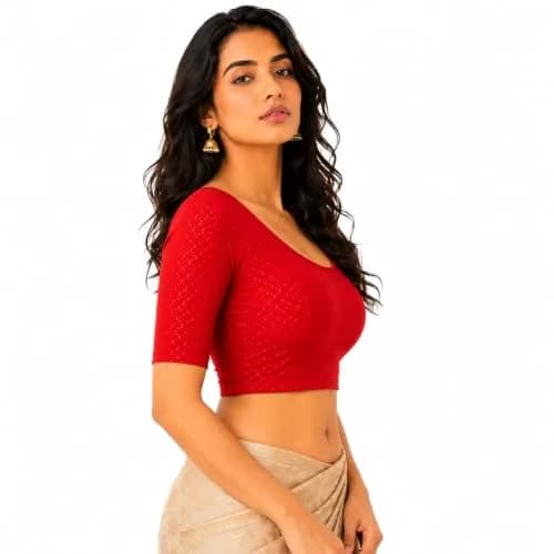 Fressia Fabrics Red Dobby Cotton Stretchable Round Neck Elbow Sleeve Saree Blouse | 38 inches (96.5 cm) thumbnail 2