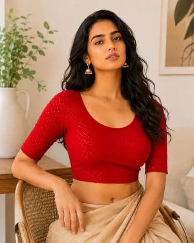 Fressia Fabrics Red Dobby Cotton Stretchable Round Neck Elbow Sleeve Saree Blouse | 38 inches (96.5 cm) thumbnail 3