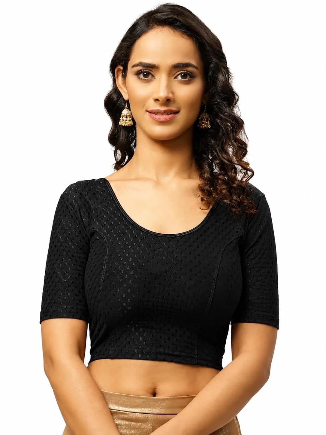 Fressia Fabrics Round Neck Pure Dobby Cotton Stretchable Elbow Sleeve Saree Blouse | Black