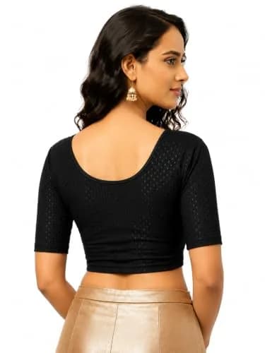 Fressia Fabrics Round Neck Pure Dobby Cotton Stretchable Elbow Sleeve Saree Blouse | Black thumbnail 2