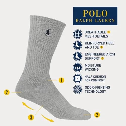 POLO RALPH LAUREN Men's Athletic Performance Cotton Crew Socks, 6 Pairs | Moisture-Wicking & Cushioned Fit thumbnail 3