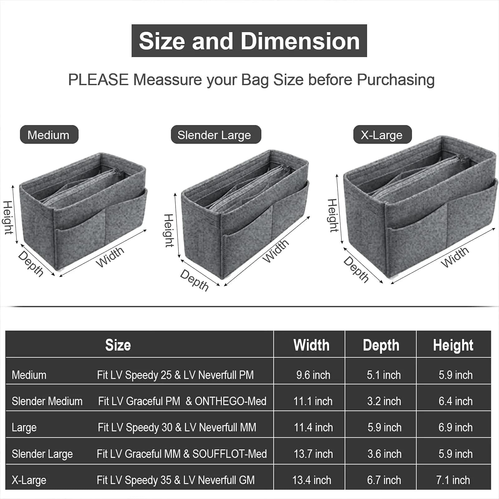 OMYSTYLE Grey Felt Tote Bag Organizer Insert for Slender Large Bags | 13 Pockets - view 2